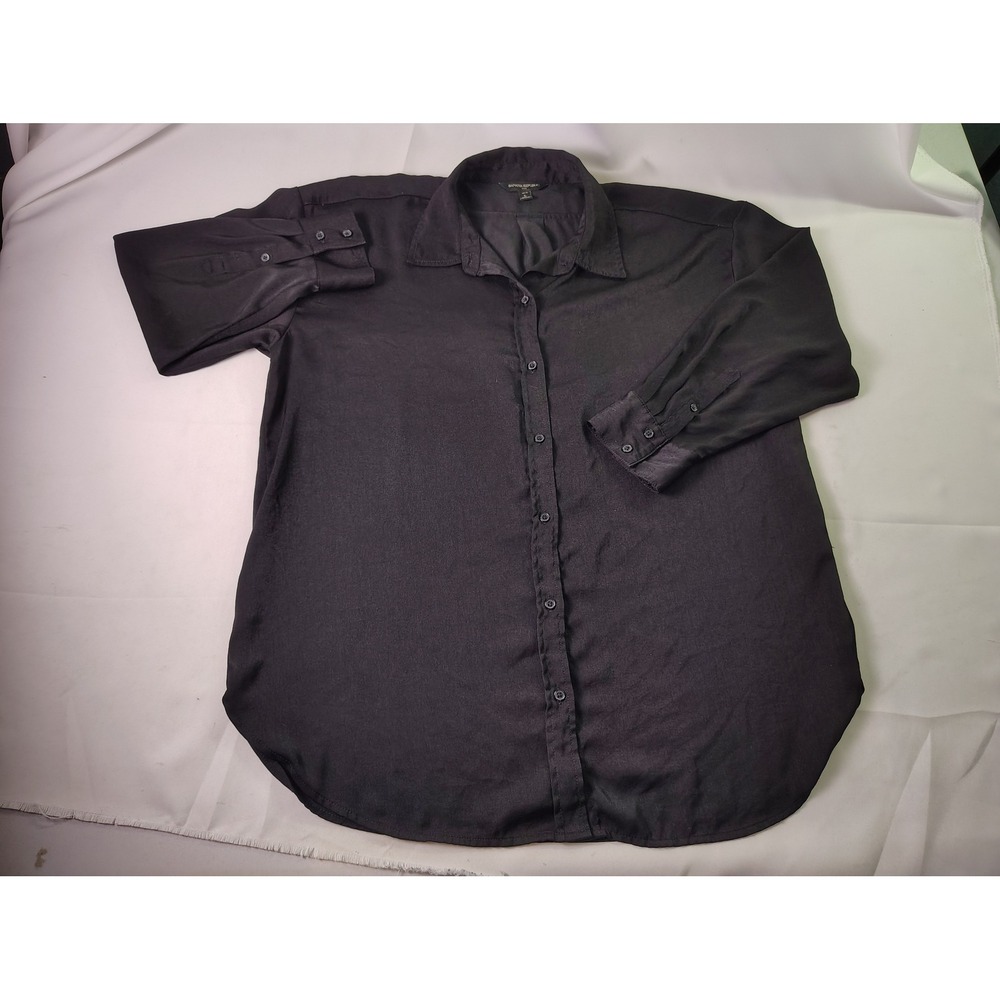 Banana Republic Shirt Womens Petite Large Black Button Up Long Sleeve Curved Hem